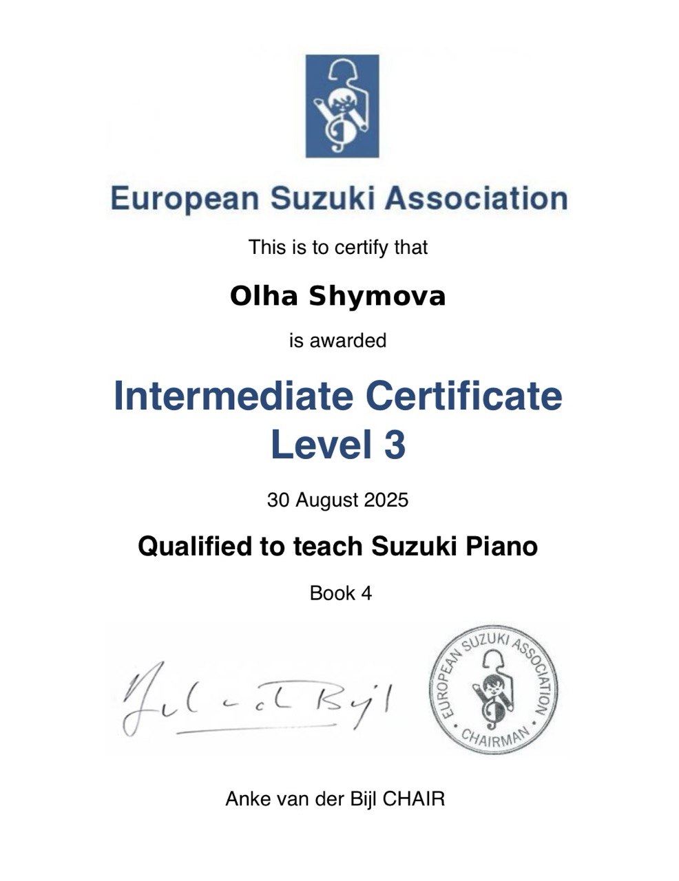 Suzuki Certificate Shymova Olha